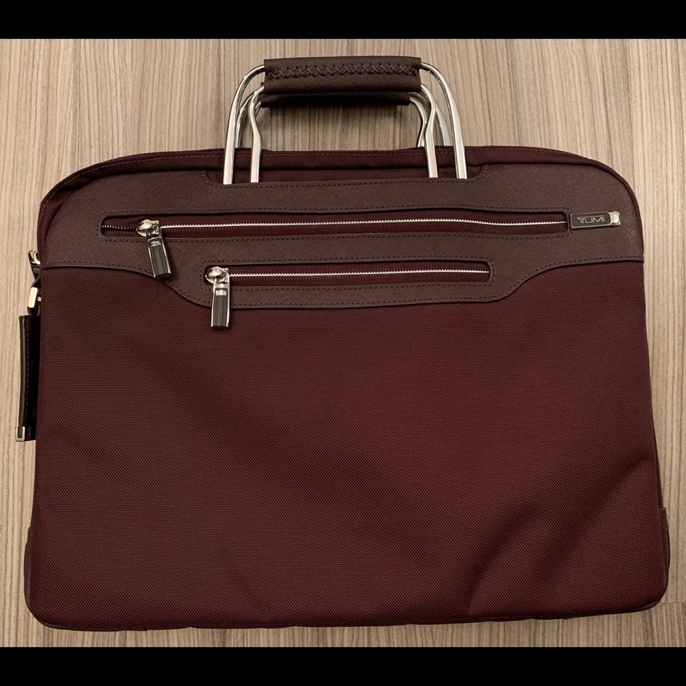 Tumi Burgundy T-Pass Kennedy Slim Laptop Bag.